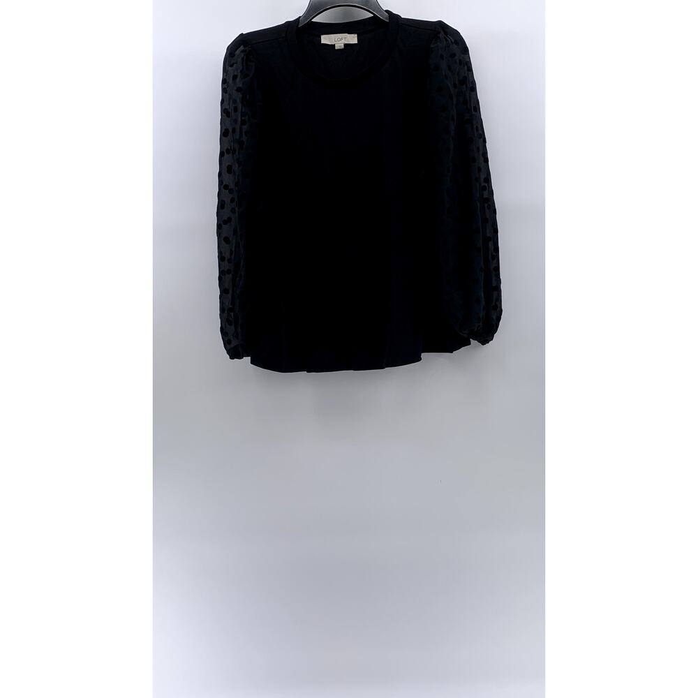 LOFT Women's Black Crewneck Sheer Dot Print Long Sleeve Top SZ L
